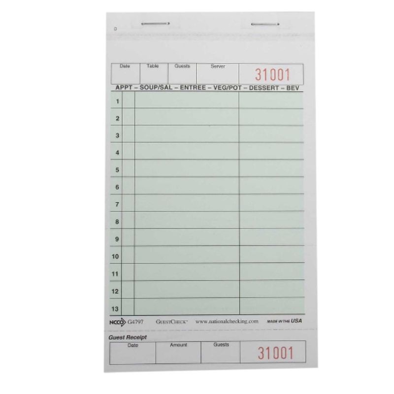 GUEST CHECK NO CARBON 2 PART GREEN