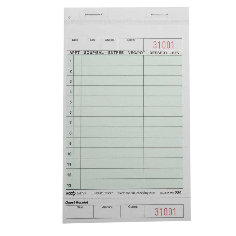 GUEST CHECK NO CARBON 2 PART GREEN