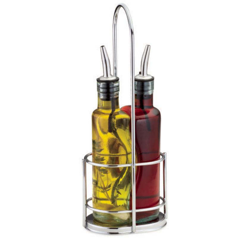 BOTTLE GLASS VINEGAR/OIL W/BLK RACK