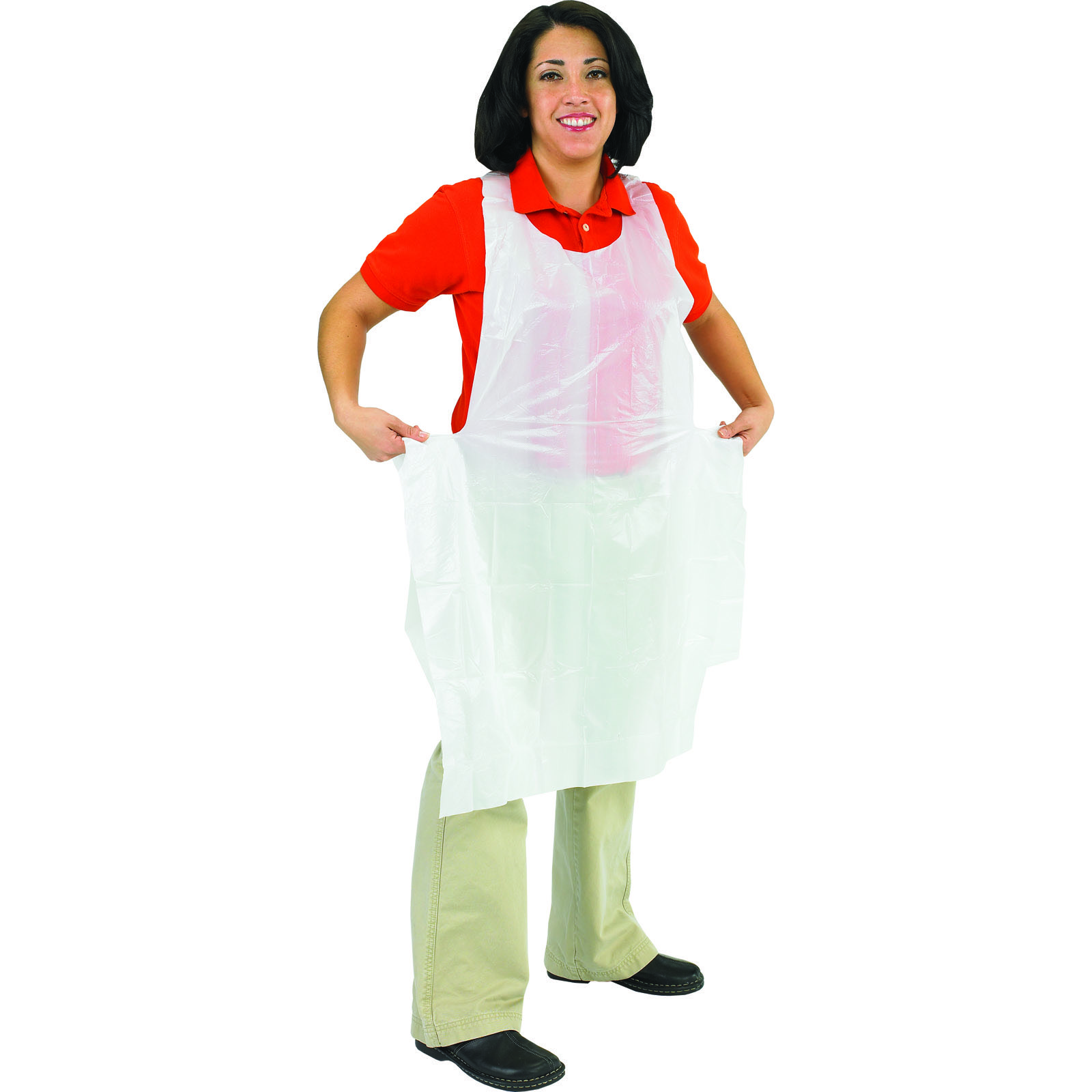 APRON DISPOSABLE BIB 28'' X 46'' LIGHTWEIGHT DURABLE NO POCKETS POLYETHYLENE WHITE