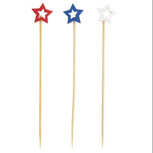 Decorative Picks, stars (assorted: red, white & blue), 5/8" x 1/4" x 4-1/2", bamboo (pack of 100)